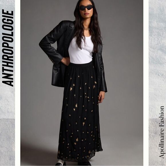 ANTHROPOLOGIE BY CABALLERO PRINTED MAXI SKIRT IN BLACK MOTIF XS NWT - Picture 1 of 6